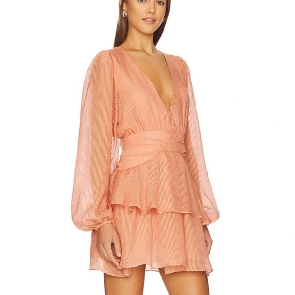 Revolve MINKPINK Tahlia Tiered Chiffon Mini Dress Terracotta SMALL Plung… - Picture 2 of 16
